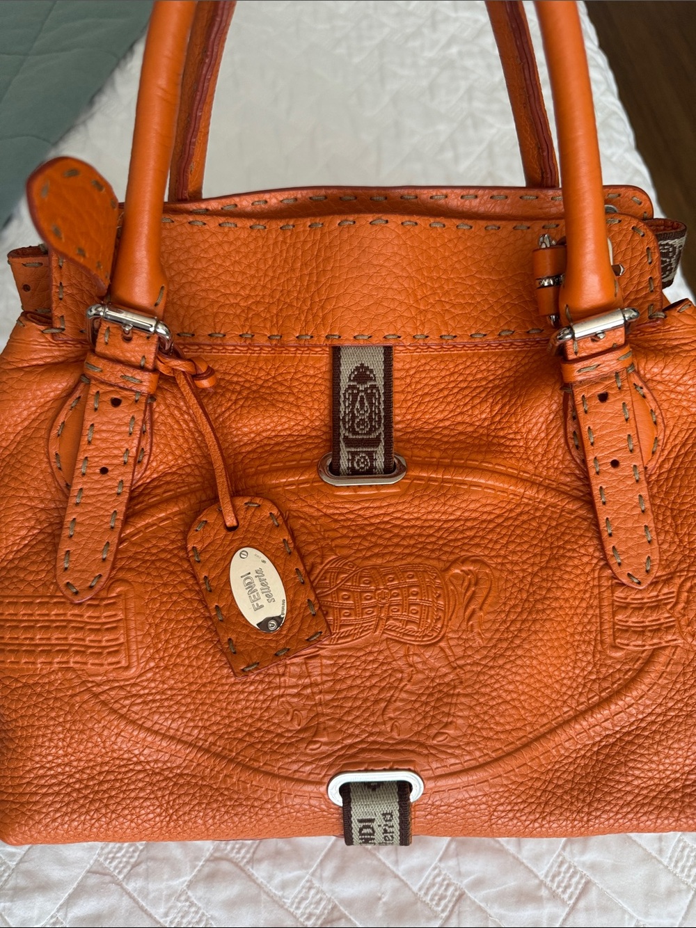 FENDI Orange Selleria Leather Villa Borghese Tote Handbag